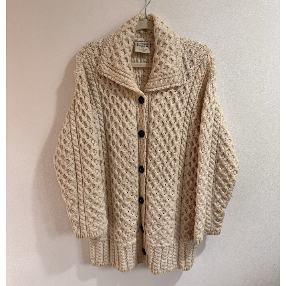 Vintage 90s Kilronan Cardigan Sweater XL Irish Merino Wool Chunky Knit Cream
